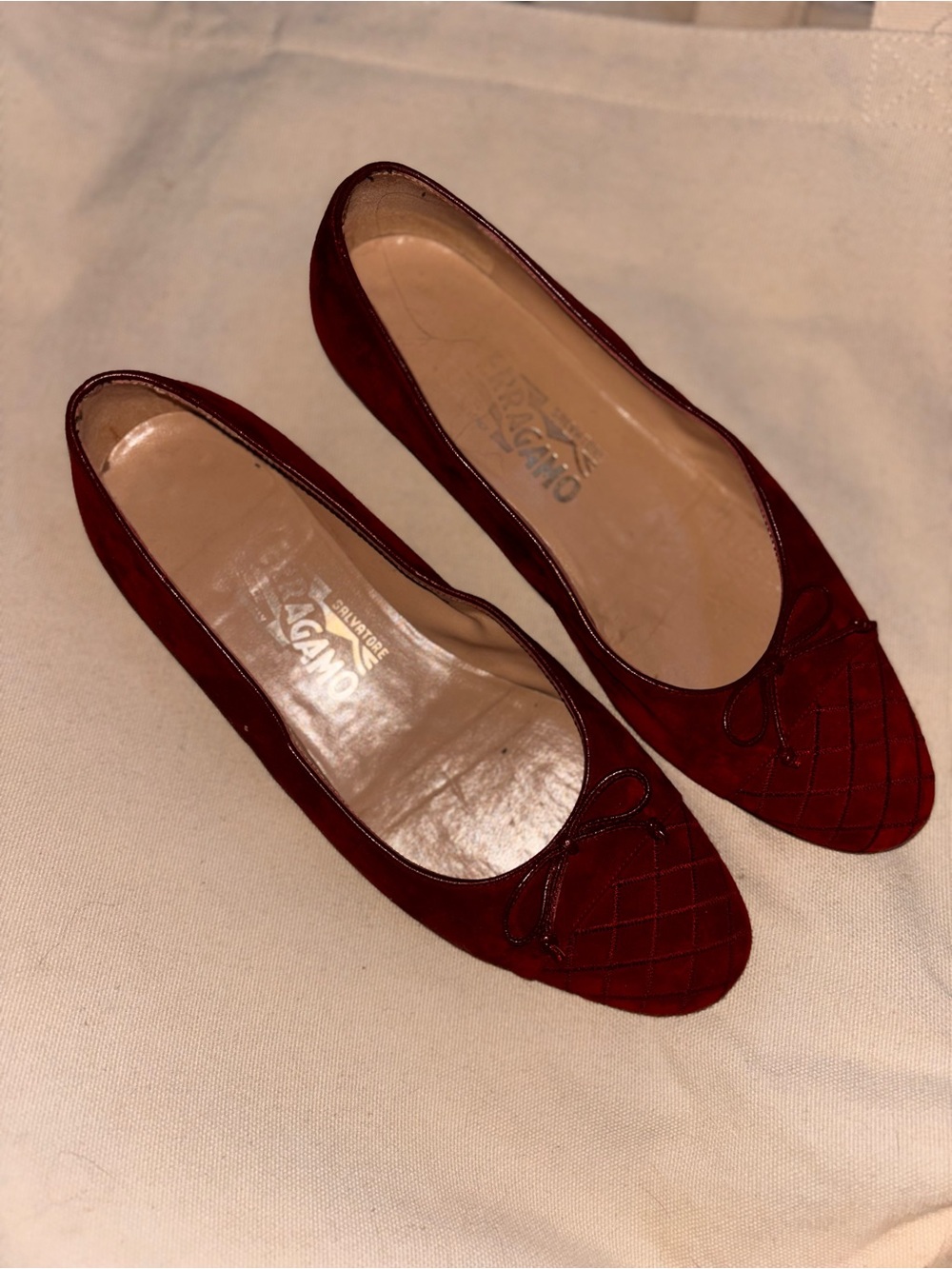 Salvatore Ferragamo Burgundy Suede Quilted Ballet Flats with Bow